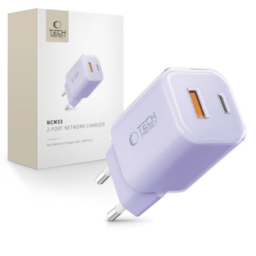 Fioletowa ładowarka sieciowa z dwoma portami USB jest przedstawiona obok opakowania z napisem "TECH-PROTECT NCM33 2-PORT NETWORK CHARGER" oraz "Fast Network Charger with USB Ports". Na ładowarce widoczne jest logo "TECH-PROTECT".