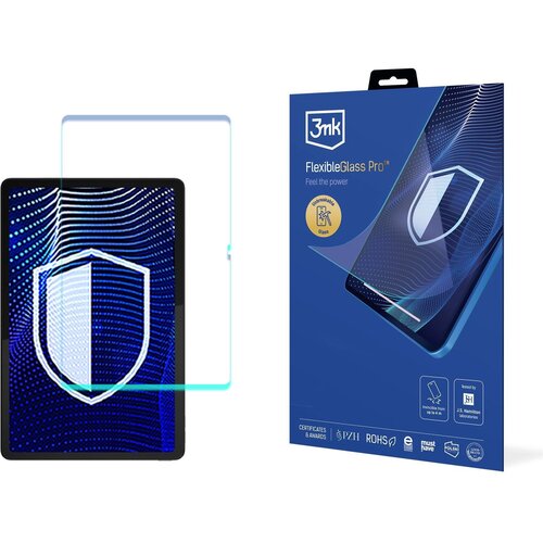 Na zdjęciu widoczny jest produkt "Szkło hybrydowe 3MK FlexibleGlass Pro do Lenovo Tab K11 Gen. 2" oraz jego opakowanie z logo 3MK i napisem "FlexibleGlass Pro™ Feel the power". Opakowanie zawiera również ikony certyfikatów i nagród, takie jak PZH, ROHS or