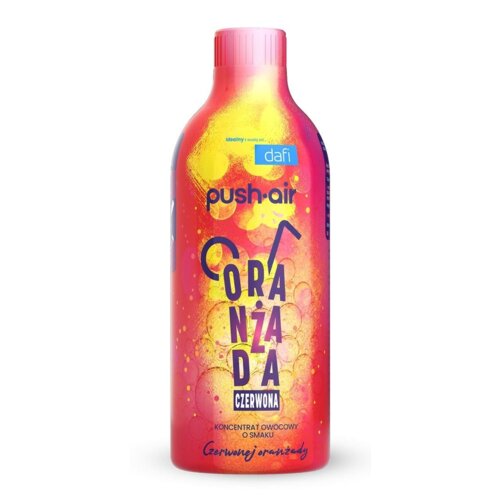 Butelka syropu do saturatorów o pojemności 500 ml z etykietą w odcieniach czerwieni i żółci, z widocznymi napisami: "dafi", "push-air", "ORANŻADA CZERWONA", "KONCENTRAT OWOCOWY O SMAKU Czerwonej oranżady".