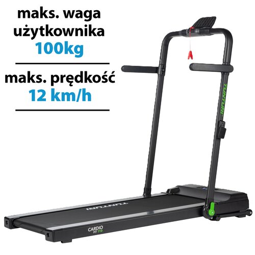 Bieżnia elektryczna z czarną ramą i zielonymi akcentami, z widocznym napisem "TUNTURI" na ramie oraz "CARDIO FIT T10" na podstawie. Obok bieżni znajduje się tekst: "maks. waga użytkownika 100kg, maks. prędkość 12 km/h".
