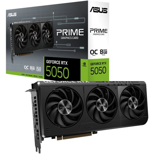 Na zdjęciu znajduje się karta graficzna z trzema wentylatorami oraz opakowanie z napisem "ASUS PRIME Graphics Card" i "GeForce RTX 5050". Na opakowaniu widoczne są także oznaczenia "OC Edition", "8GB GDDR6 Memory", "DLSS 4", "Ray Tracing", "Reflex", "Stud