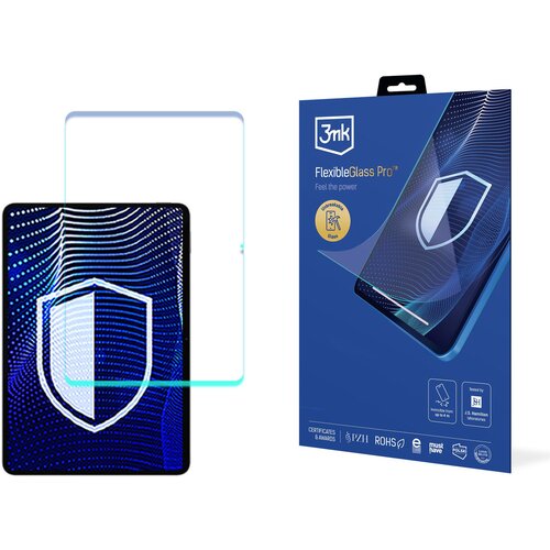 Opakowanie produktu "3mk FlexibleGlass Pro" z widocznym logo 3mk oraz napisem "Feel the power" i grafiką przedstawiającą tarczę ochronną. Na dole opakowania znajdują się oznaczenia certyfikatów i nagród, w tym PZH, ROHS, oraz ikony związane z funkcjami pr