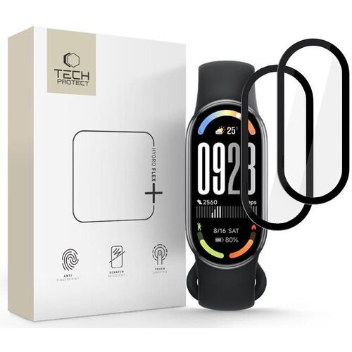 Opakowanie z napisem "TECH PROTECT" oraz "HYDRO FLEX+" obok czarnej opaski sportowej z kolorowym wyświetlaczem, na którym widoczne są godzina 09:23, data 8/16 SAT, poziom naładowania 80% oraz liczba kroków 2560. Obok opaski znajduje się przezroczysta nakł