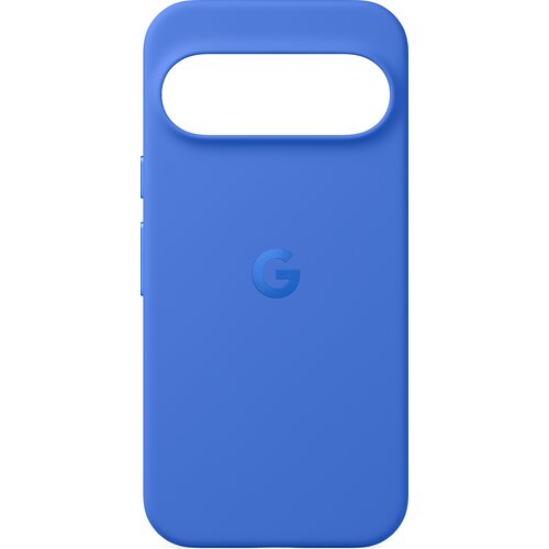 Niebieskie etui z wycięciem na aparat, z widocznym logo "G" na środku. Produkt wykonany jest z gładkiego materiału.