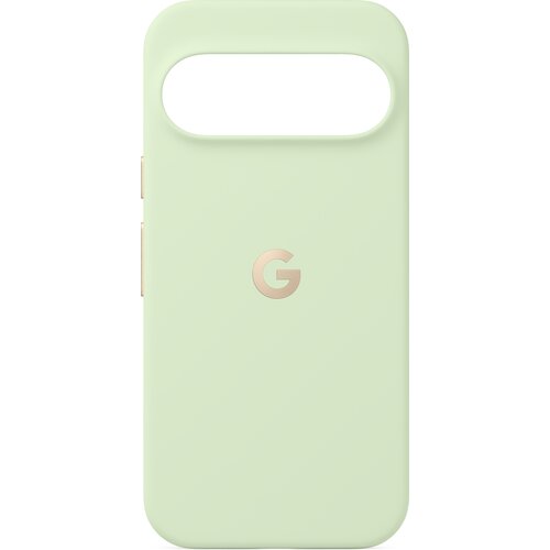 Jasnozielone etui na telefon z wycięciem na aparat w górnej części oraz złotym logo "G" pośrodku. Produkt ma zaokrąglone rogi i gładką powierzchnię.