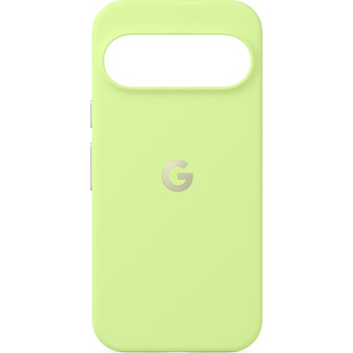 Limonkowe etui z wycięciem na aparat, z widocznym logo "G" na środku. Produkt przeznaczony do telefonów Pixel 10/10 Pro.