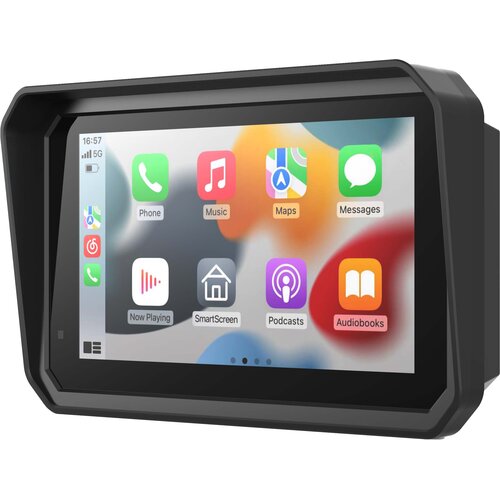 Czarny tablet z wyświetlaczem pokazującym kolorowe ikony aplikacji, takie jak Phone, Music, Maps, Messages, Now Playing, SmartScreen, Podcasts i Audiobooks. W lewym górnym rogu ekranu widoczny jest czas 16:57 oraz ikona 5G.
