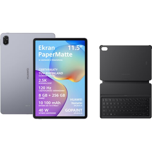 Na zdjęciu widoczny jest tablet z ekranem, na którym znajduje się tekst: "Ekran PaperMatte 11.5” w zestawie z klawiaturą, CERTYFIKATY TÜV RHEINLAND OCHRONA WZROKU, 2.5K ROZDZIELCZOŚĆ, 120 Hz CZĘSTOTLIWOŚĆ ODŚWIEŻANIA, 8 GB + 256 GB PAMIĘĆ, 10 100 mAh BATE