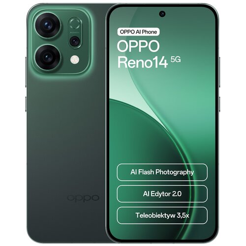 Na zdjęciu widoczny jest zielony smartfon z dwoma dużymi obiektywami i lampą błyskową z tyłu oraz ekranem z przodu, na którym znajduje się tekst: "OPPO AI Phone OPPO Reno14 5G AI Flash Photography AI Edytor 2.0 Teleobiektyw 3,5x". Na obudowie z tyłu widoc
