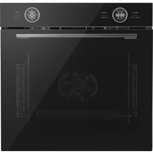 Czarny piekarnik elektryczny z panelem sterowania, na którym widoczne są dwa okrągłe wyświetlacze z oznaczeniami: "LIGHT", "ON/OFF", "PREHEAT", "TEMP/TIME", "OK/START", "PAUSE/CANCEL". Wnętrze piekarnika ma widoczny wentylator, a na drzwiach znajduje się 