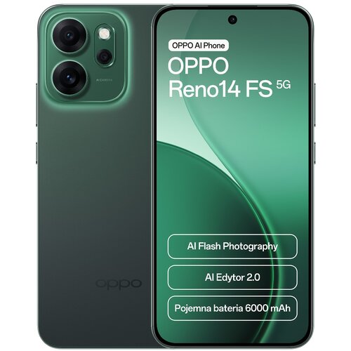 Smartfon w kolorze zielonym z widocznym ekranem, na którym znajduje się tekst: "OPPO AI Phone OPPO Reno14 FS 5G, AI Flash Photography, AI Edytor 2.0, Pojemna bateria 6000 mAh". Na obudowie z tyłu widoczne są trzy obiektywy aparatu oraz logo "oppo".