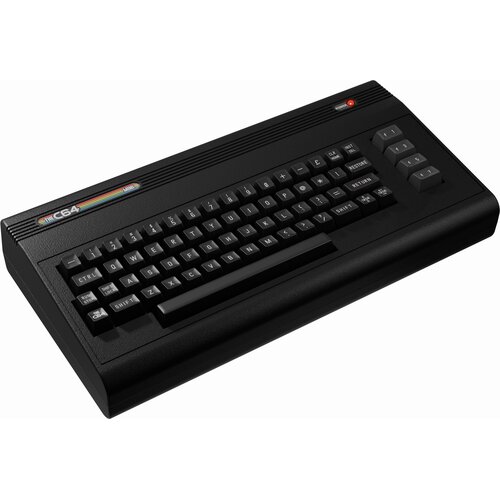 Czarna konsola z klawiaturą, na której widnieje napis "THE C64" z kolorowym paskiem. Klawisze są oznaczone literami i symbolami, a w prawym górnym rogu znajduje się czerwony wskaźnik.