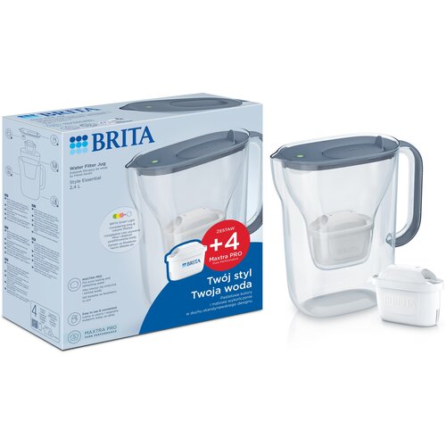 Na zdjęciu znajduje się dzbanek filtrujący z szarym wieczkiem oraz opakowanie z napisem "BRITA" i informacją o zestawie "+4 Maxtra PRO Pure Performance". Na opakowaniu widnieje tekst: "Twój styl, Twoja woda" oraz dodatkowe informacje o produkcie w języku 