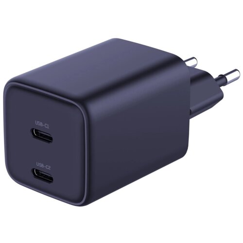Czarna ładowarka sieciowa z dwoma portami USB-C oznaczonymi jako "USB-C1" i "USB-C2". Produkt ma kompaktowy, prostokątny kształt z wtyczką do gniazdka elektrycznego.