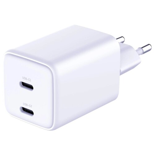 Biała ładowarka sieciowa z dwoma portami USB-C oznaczonymi jako "USB-C1" i "USB-C2". Produkt ma kompaktowy, prostokątny kształt z zaokrąglonymi krawędziami.
