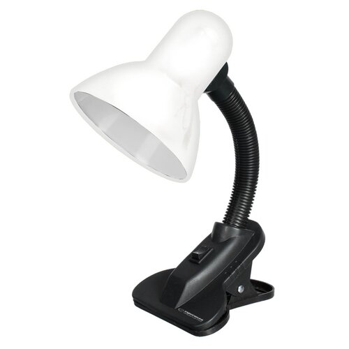 Biała lampa biurkowa z elastycznym, czarnym ramieniem i klipsem do mocowania, posiada włącznik na podstawie. Na klipsie widoczne jest logo "esperanza".