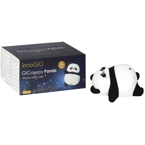 Pudełko z napisem "innoGIO GIOsleepy Panda Silicone Night Light" oraz leżąca obok silikonowa lampka w kształcie pandy. Na pudełku widoczne są dodatkowe oznaczenia, takie jak "soft silicone" i "GIO-143".