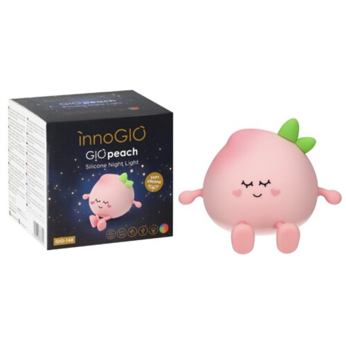 Pudełko z napisem "innoGIO GIOpeach Silicone Night Light" oraz "soft silicone" obok silikonowej lampki nocnej w kształcie brzoskwini z zamkniętymi oczami i uśmiechem. Na pudełku widoczne są również symbole funkcji lampki oraz oznaczenie modelu "GIO-148".