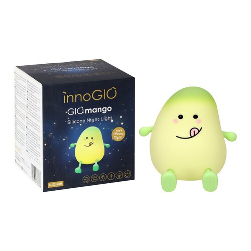 Pudełko z napisem "innoGIO GIOmango Silicone Night Light" oraz grafiką lampki w kształcie mango, obok której znajduje się rzeczywista lampka o podobnym wyglądzie. Na pudełku widoczne są dodatkowe oznaczenia, takie jak "soft silicone" oraz "GIO-149".