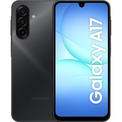 Na zdjęciu widoczny jest czarny smartfon z trzema obiektywami aparatu i napisem "SAMSUNG" na tylnej obudowie. Ekran urządzenia wyświetla grafikę z napisem "Galaxy A17" na niebieskim tle.