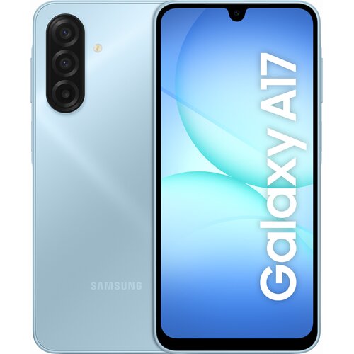 Obraz przedstawia jasnoniebieski smartfon z widocznym ekranem, na którym wyświetlony jest napis "Galaxy A17". Na tylnej obudowie urządzenia znajduje się logo "SAMSUNG" oraz trzy obiektywy aparatu z lampą błyskową.