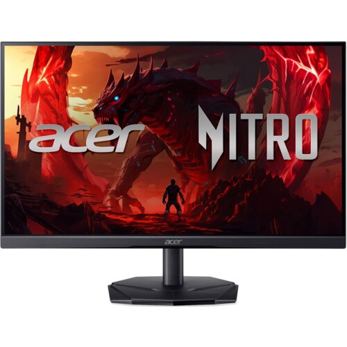 Monitor marki Acer z serii Nitro wyświetla grafikę przedstawiającą postać stojącą przed dużym, czerwonym smokiem w fantastycznym krajobrazie. Na ekranie widoczne są napisy "acer" i "NITRO".