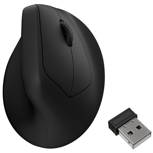 Czarna mysz komputerowa o ergonomicznym kształcie z widocznym kółkiem przewijania oraz dołączonym odbiornikiem USB. Produkt nie posiada widocznych napisów ani logo.