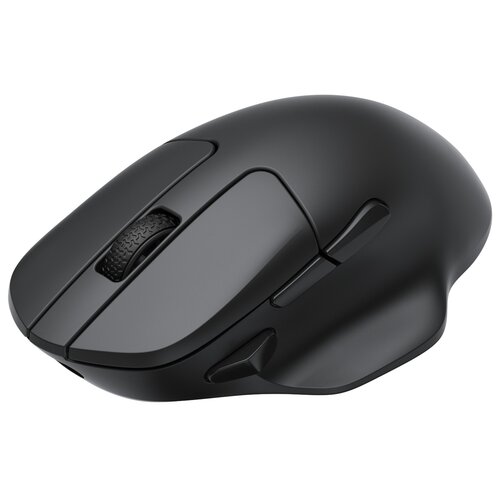 Czarna mysz komputerowa o ergonomicznym kształcie z widocznymi przyciskami i rolką przewijania. Produkt ma gładką powierzchnię i nowoczesny design.