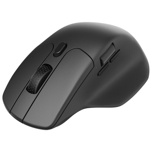 Czarna mysz komputerowa o ergonomicznym kształcie z widocznym kółkiem przewijania i dodatkowymi przyciskami bocznymi. Produkt nie posiada widocznych napisów ani logo.