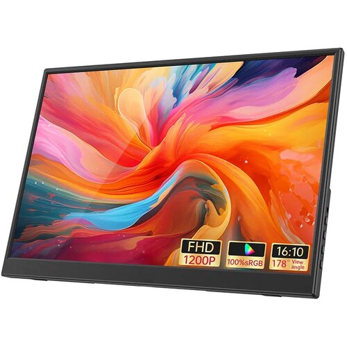 Monitor z kolorowym, abstrakcyjnym wzorem na ekranie, z oznaczeniami: "FHD 1200P", "100% sRGB", "16:10", "178° View angle".