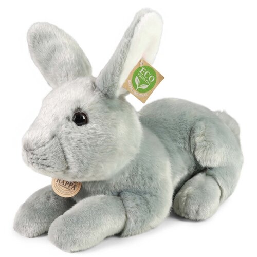 Na zdjęciu znajduje się pluszowy królik w szarym kolorze z metką z napisem "ECO Friendly" oraz "RAPPA". Królik ma długie uszy i ciemne oczy, a jego futerko wygląda na miękkie.