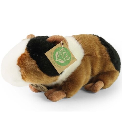 Na zdjęciu znajduje się pluszowa maskotka świnki morskiej w kolorach brązowym, białym i czarnym, z metką z napisem "ECO Friendly RAPPA ORIGINAL". Maskotka ma realistyczne detale i jest wykonana z materiałów przyjaznych dla środowiska.
