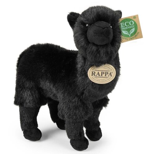 Czarna pluszowa lama z metką z napisem "RAPPA Exclusive Collection" oraz zieloną etykietą "ECO FRIENDLY RAPPA ORIGINAL".