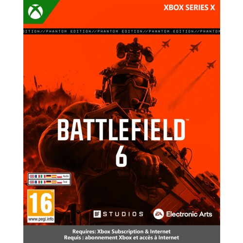 Na okładce gry "Battlefield 6: Phantom Edition" na Xbox Series X widoczny jest żołnierz w hełmie z noktowizorem na tle pomarańczowego nieba z lecącymi samolotami. Na dole znajdują się logotypy BF Studios i Electronic Arts oraz oznaczenie wiekowe 16+ z informacją o wymaganym abonamencie Xbox i dostępie do Internetu.