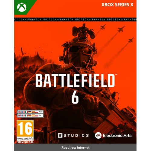 Okładka gry "Battlefield 6: Phantom Edition" na Xbox Series X przedstawia postać w hełmie i sprzęcie wojskowym na tle pomarańczowego nieba z lecącymi samolotami. Widoczne są logotypy BF Studios i Electronic Arts, oznaczenie wiekowe 16+ oraz informacja "Re