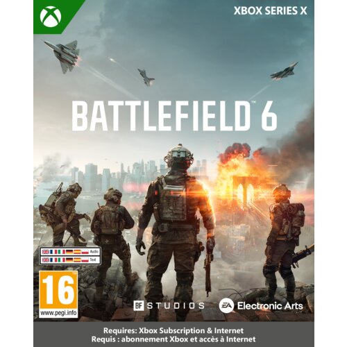 Okładka gry "Battlefield 6" na Xbox Series X przedstawia żołnierzy na tle płonącego miasta, z lecącymi nad nimi myśliwcami. Widoczne są logotypy BF Studios i Electronic Arts oraz oznaczenie wiekowe 16+ z informacją "Requires: Xbox Subscription & Internet"
