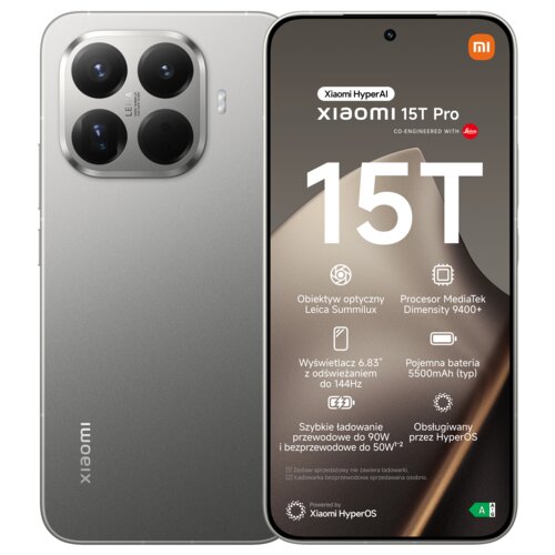 Szary smartfon z dużym ekranem, na którym widnieje tekst: "Xiaomi HyperAI, xiaomi 15T Pro, CO-ENGINEERED WITH, 15T, Obiektyw optyczny Leica Summilux, Procesor MediaTek Dimensity 9400+, Wyświetlacz 6.83” z odświeżaniem do 144Hz, Pojemna bateria 5500mAh (ty