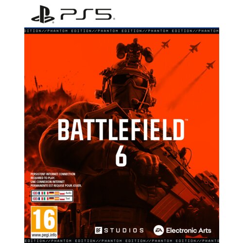 Okładka gry "Battlefield 6: Phantom Edition" na PS5 z dominującym pomarańczowym tłem, przedstawiająca żołnierza z bronią oraz lecące samoloty. Widoczne są logotypy BF Studios i Electronic Arts, a także informacja o wymaganym połączeniu z internetem oraz oznaczenie wiekowe 16+ z linkiem do www.pegi.info.