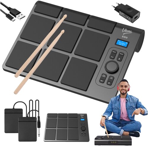 Na zdjęciu znajduje się elektroniczna perkusja z ośmioma padami, dwoma pałeczkami, pedałami oraz wyświetlaczem z napisem "Drum set1 Drum metal". Widoczne jest logo "V-TONE" oraz oznaczenie modelu "ED9".
