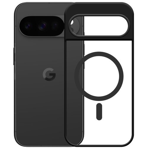 Na zdjęciu widoczny jest czarny telefon z logo "G" oraz przezroczysto-czarne etui z dużym okrągłym wycięciem na środku i prostokątnym wycięciem na aparat.