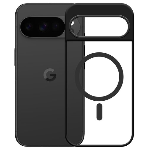 Czarne etui z przezroczystym panelem i okrągłym wzorem, obok czarnego telefonu z widocznym logo "G" oraz trzema obiektywami aparatu.