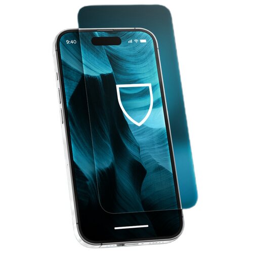 Na zdjęciu widoczny jest telefon z nałożonym szkłem hartowanym, na ekranie którego znajduje się grafika z tarczą. W tle znajduje się dodatkowa warstwa szkła, a na ekranie telefonu widoczny jest abstrakcyjny, niebieski wzór.