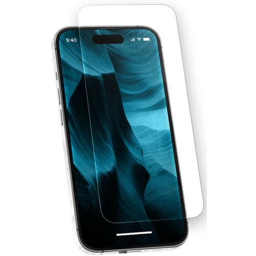 Na zdjęciu znajduje się smartfon z nałożonym szkłem hartowanym, które jest lekko uniesione, ukazując jego przezroczystość. Ekran telefonu wyświetla abstrakcyjną grafikę w odcieniach niebieskiego.