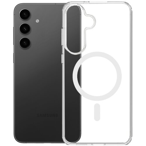 Przezroczyste etui z okrągłym wzorem i wycięciem na aparat jest umieszczone obok czarnego smartfona z trzema obiektywami aparatu. Na telefonie widoczne jest logo "Samsung".