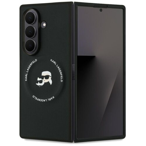 Czarne etui na telefon z trzema widocznymi obiektywami aparatu, ozdobione białym logo przedstawiającym postać w okularach przeciwsłonecznych oraz napisem "KARL LAGERFELD" wokół logo. Obok etui znajduje się otwarty telefon z dużym ekranem.