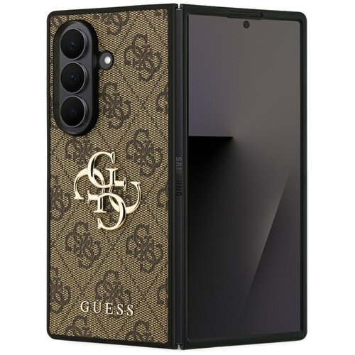 Brązowe etui na telefon z wzorem 4G i dużym logo GUESS, przeznaczone do modelu Samsung Galaxy Z Fold 7. Etui posiada wycięcia na aparat i przyciski, a na jego powierzchni widoczny jest wzór z literami "G" i "S".