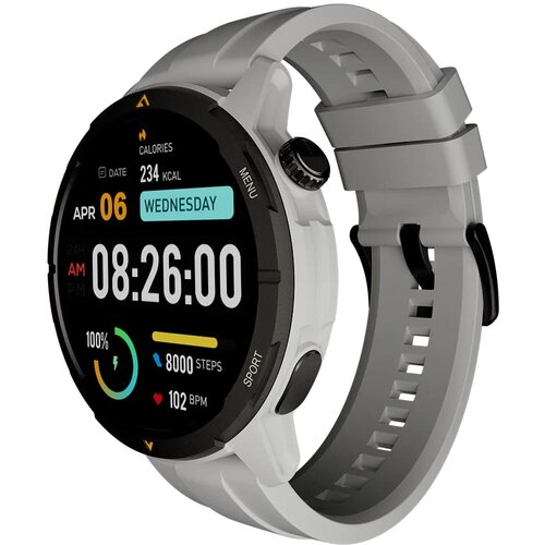 Szary smartwatch z okrągłym wyświetlaczem pokazuje datę "APR 06", dzień tygodnia "WEDNESDAY", godzinę "08:26:00", spalone kalorie "234 KCAL", kroki "8000 STEPS" oraz tętno "102 BPM". Pasek zegarka jest wykonany z tworzywa sztucznego, a na ekranie widoczne