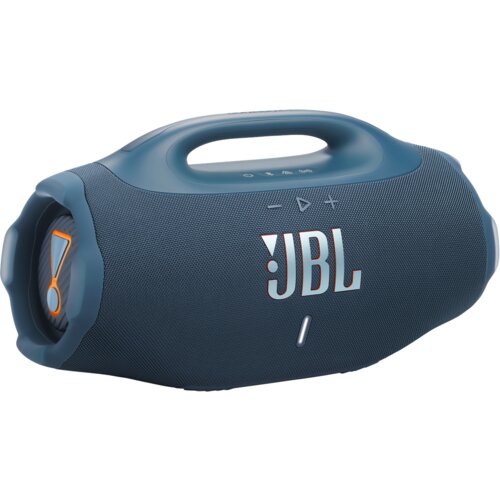 Na zdjęciu znajduje się niebieski głośnik mobilny z dużym logo "JBL" na przodzie. Głośnik ma zaokrąglony kształt z wbudowanym uchwytem na górze oraz widocznymi przyciskami sterującymi.