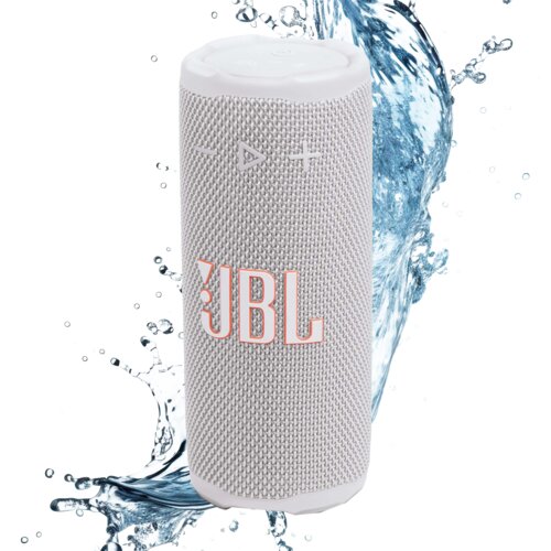 Biały głośnik mobilny z widocznym logo "JBL" na tle rozpryskującej się wody. Na górze głośnika znajdują się symbole sterowania: minus, play/pauza i plus.