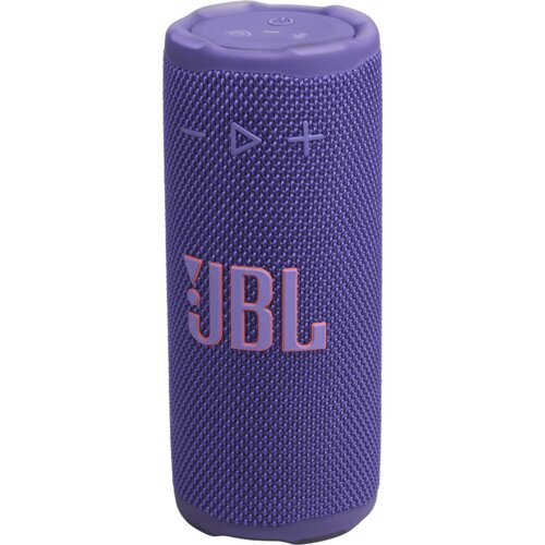 Fioletowy głośnik mobilny z widocznym logo "JBL" na siatkowanej powierzchni. Na górze znajdują się przyciski sterujące: włączania, Bluetooth oraz regulacji głośności.